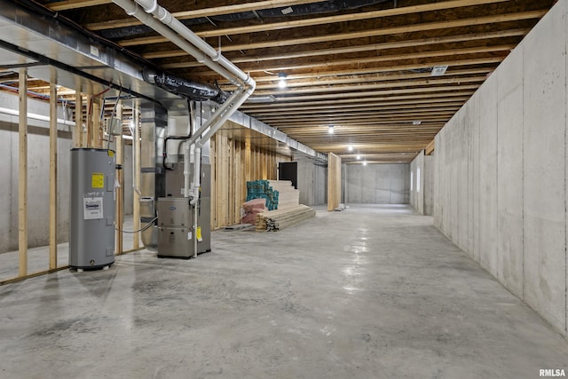 basement with heating unit and water heater