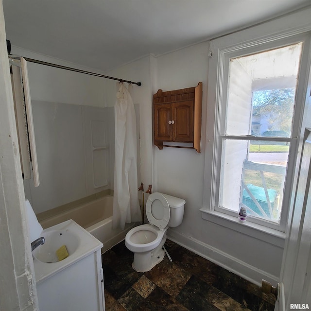 full bathroom with toilet, shower / bath combination with curtain, and vanity