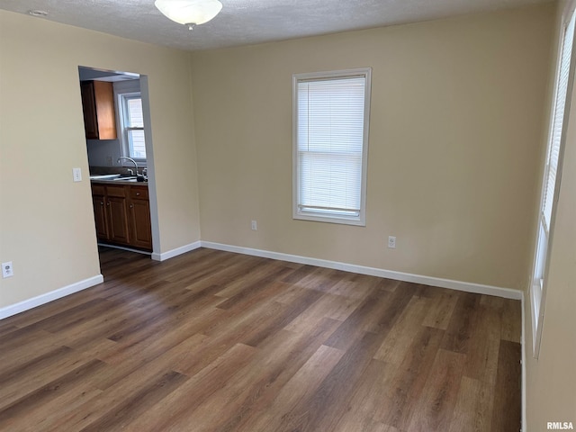 empty room with dark hardwood / wood-style floors, a textured ceiling, and sink