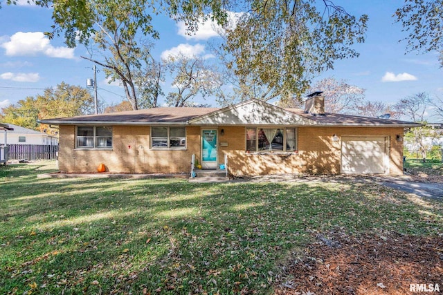 view of front of home featuring fence, a garage, brick siding, and a front yard