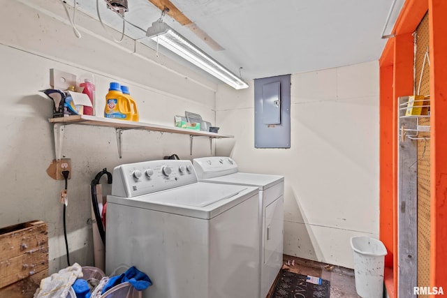 laundry area with electric panel and washing machine and clothes dryer