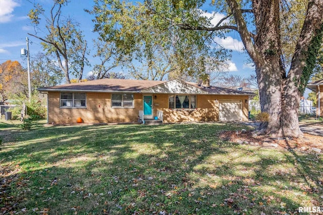 ranch-style house with a front lawn, entry steps, a chimney, and a garage
