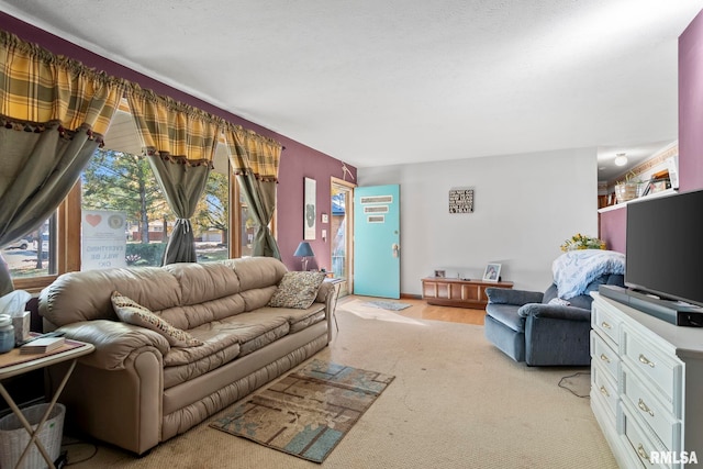 carpeted living room featuring a textured ceiling