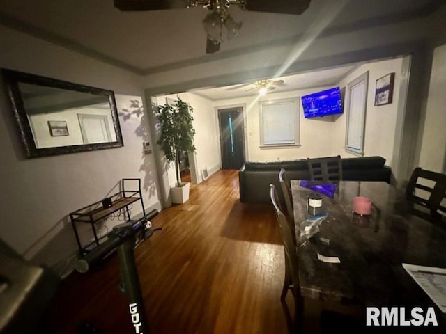 living room with hardwood / wood-style floors and ceiling fan