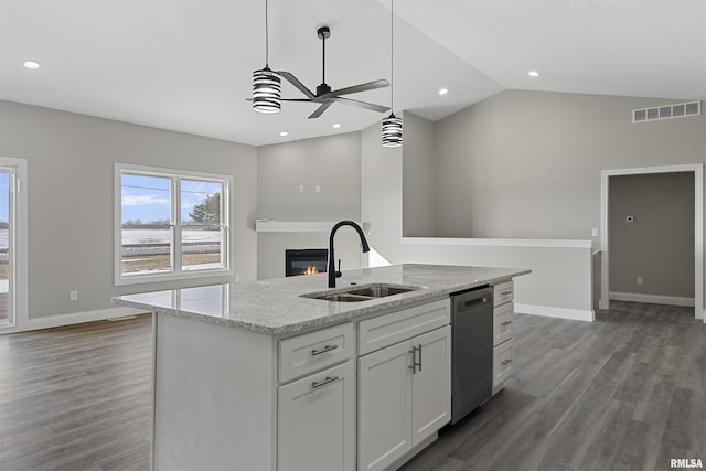 kitchen with sink, white cabinetry, dishwasher, an island with sink, and pendant lighting