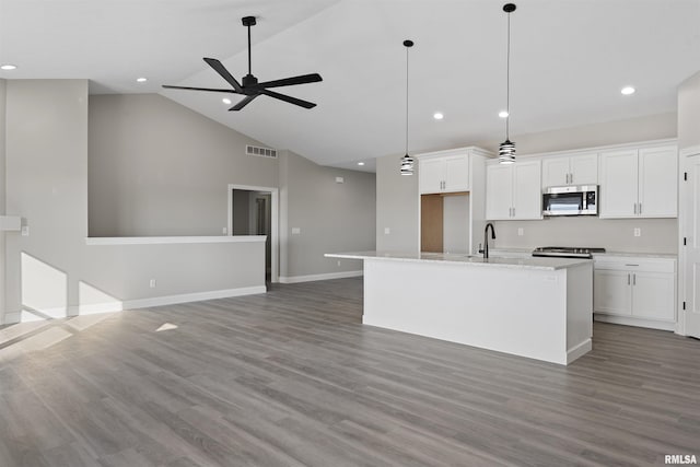 kitchen with white cabinetry, sink, light stone counters, and a center island with sink