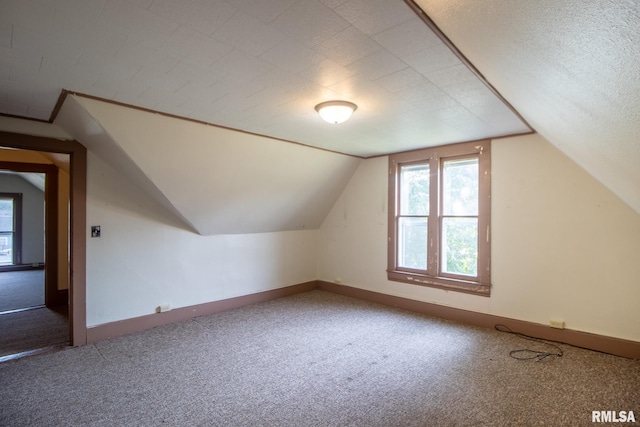 additional living space featuring carpet, a textured ceiling, and vaulted ceiling