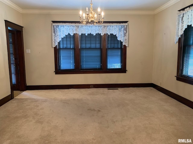 unfurnished dining area featuring a notable chandelier, light colored carpet, and crown molding