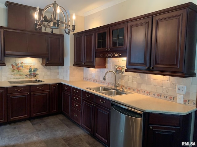 kitchen featuring an inviting chandelier, sink, stainless steel dishwasher, black electric cooktop, and decorative light fixtures