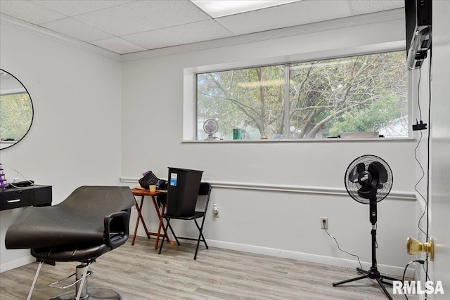 office area featuring a paneled ceiling, light wood-type flooring, and ornamental molding