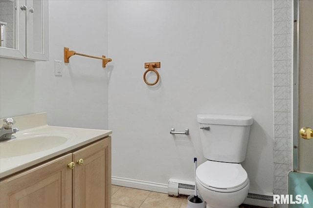 bathroom with tile patterned floors, walk in shower, vanity, toilet, and baseboard heating