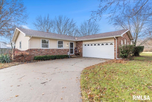 ranch-style home with a front lawn and a garage