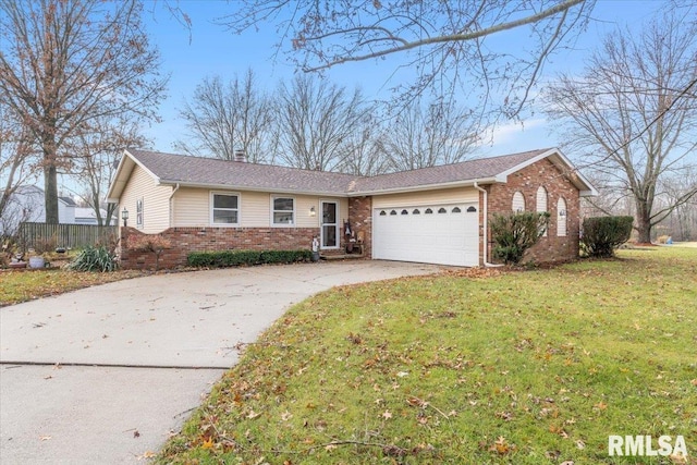 ranch-style house with a garage and a front lawn