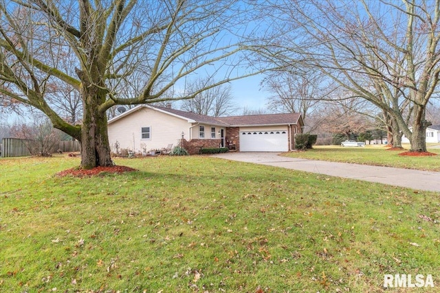 ranch-style house with a front yard and a garage