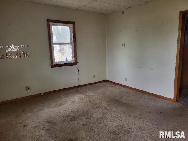 spare room with light colored carpet and a drop ceiling