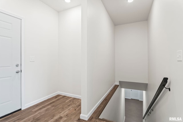 staircase featuring wood-type flooring