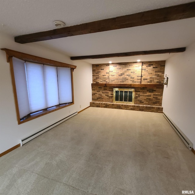 unfurnished living room featuring carpet flooring, beam ceiling, and a baseboard radiator