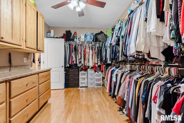 spacious closet featuring light hardwood / wood-style floors and ceiling fan