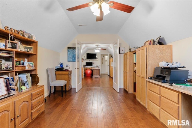 13599 Woodland Dr, Athens, IL 62613 - home office with ceiling fan, light wood-style flooring, and lofted ceiling