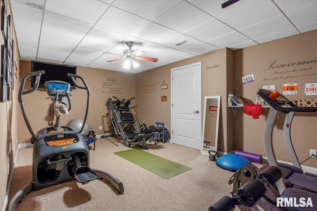 workout area with carpet, a drop ceiling, and ceiling fan