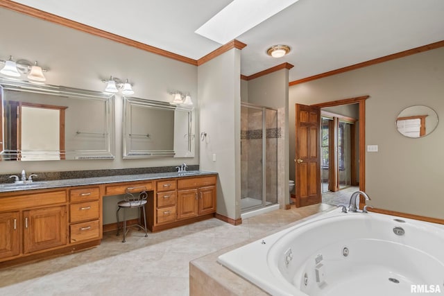 full bathroom featuring toilet, vanity, crown molding, a skylight, and independent shower and bath