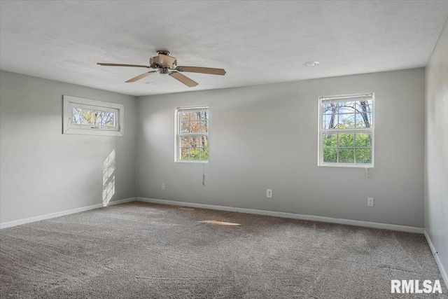 unfurnished room with carpet floors, a healthy amount of sunlight, and a textured ceiling