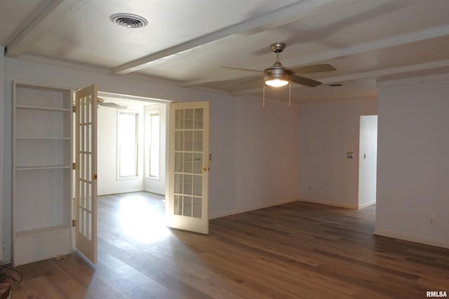 unfurnished room featuring beam ceiling, ceiling fan, french doors, and wood-type flooring