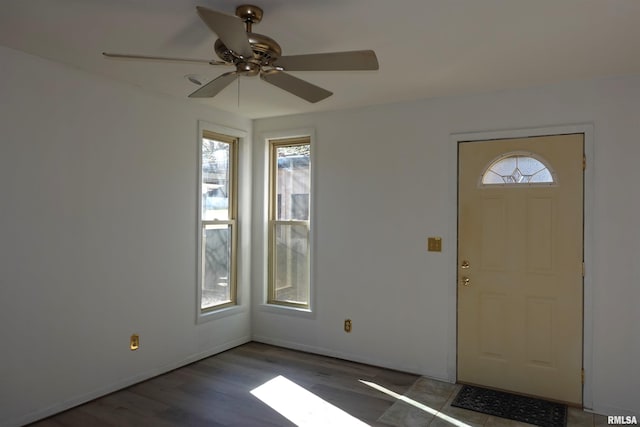 entrance foyer featuring ceiling fan and dark wood-type flooring