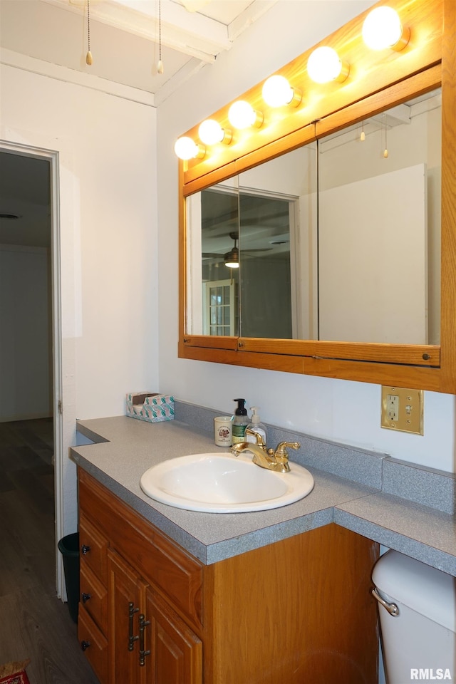 bathroom with vanity, toilet, and wood-type flooring