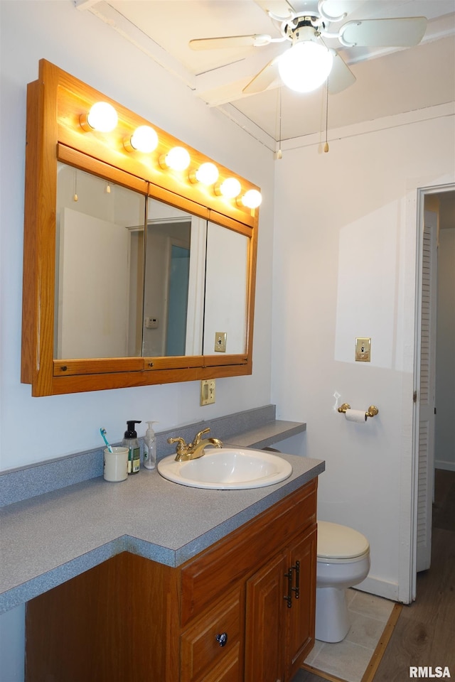 248 W Sanborn St, Galesburg, IL 61401 - bathroom with vanity, toilet, a ceiling fan, and wood finished floors