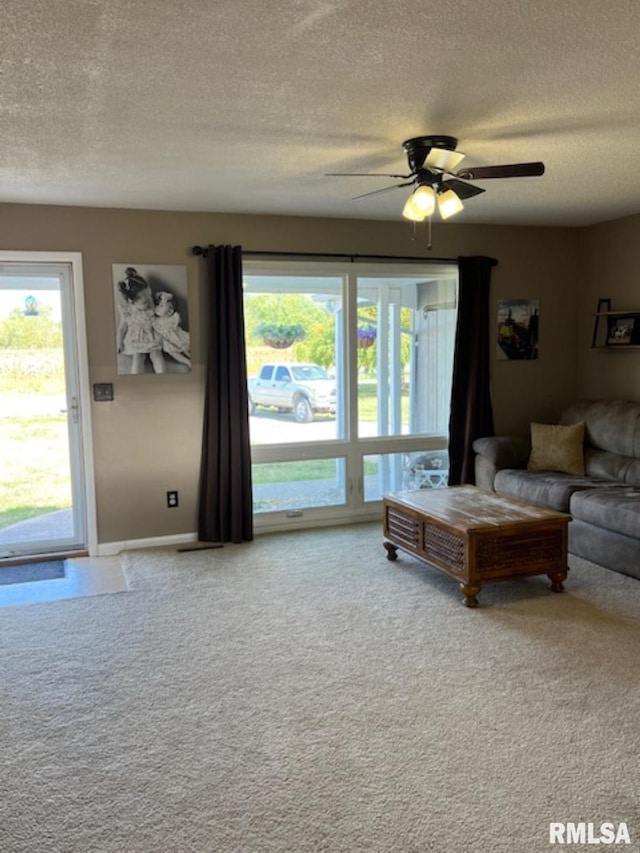 212 N Eastview St, Camp Point, IL 62320 - living area with a textured ceiling, carpet, plenty of natural light, a ceiling fan, and baseboards