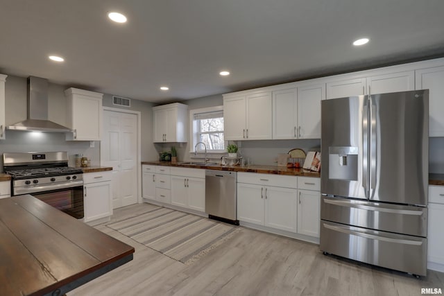 kitchen featuring stainless steel appliances, visible vents, white cabinets, wall chimney range hood, and dark countertops