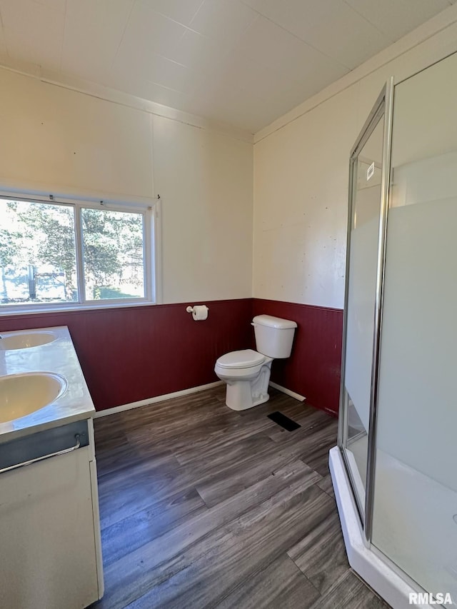 508 S Main St, Abingdon, IL 61410 - bathroom featuring a shower stall, toilet, double vanity, wood finished floors, and a wainscoted wall