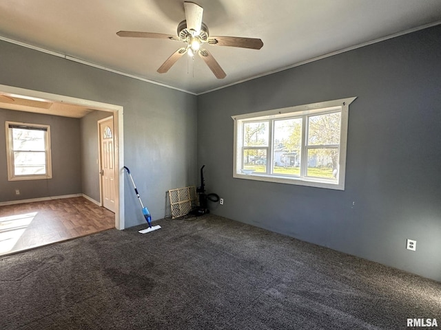 spare room with a wealth of natural light, crown molding, ceiling fan, and hardwood / wood-style flooring