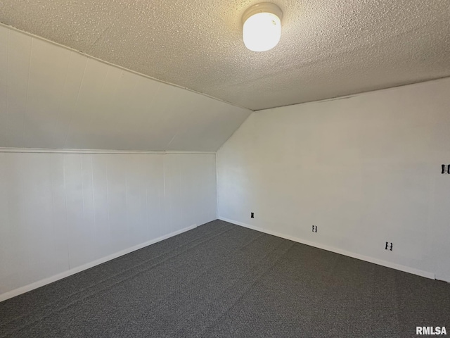 additional living space with carpet flooring, a textured ceiling, and vaulted ceiling