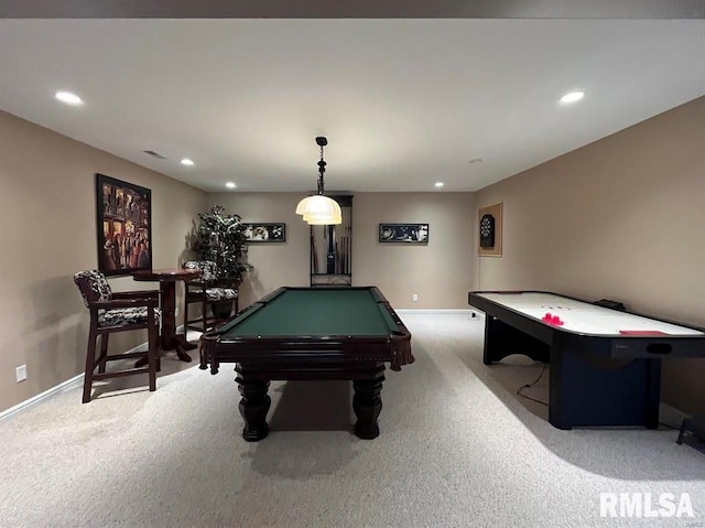 game room with light carpet and pool table