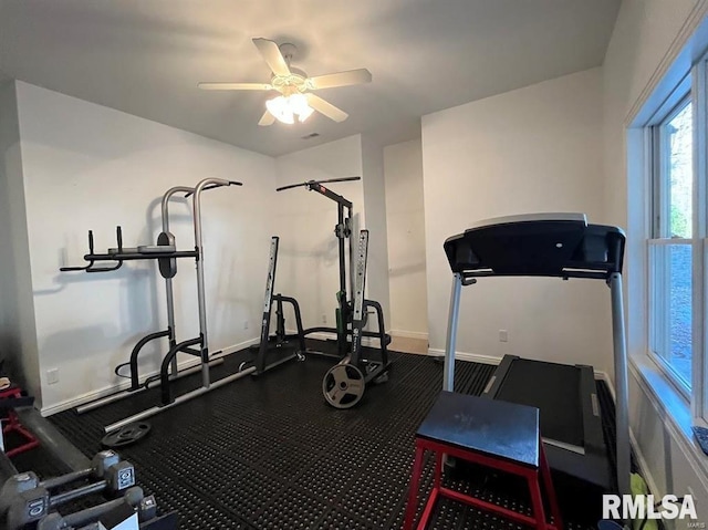 workout room with ceiling fan