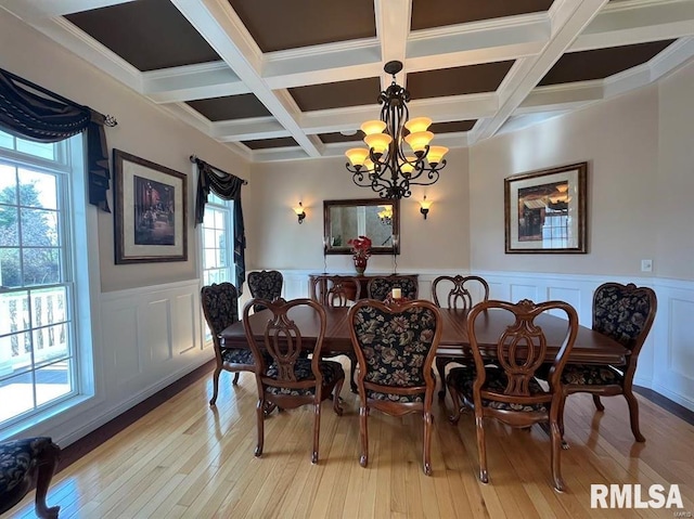 dining room featuring beamed ceiling, light hardwood / wood-style floors, an inviting chandelier, and coffered ceiling