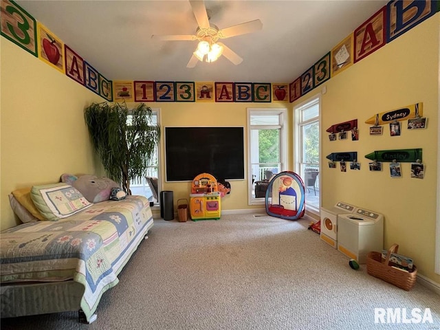 bedroom featuring carpet flooring, ceiling fan, and access to exterior