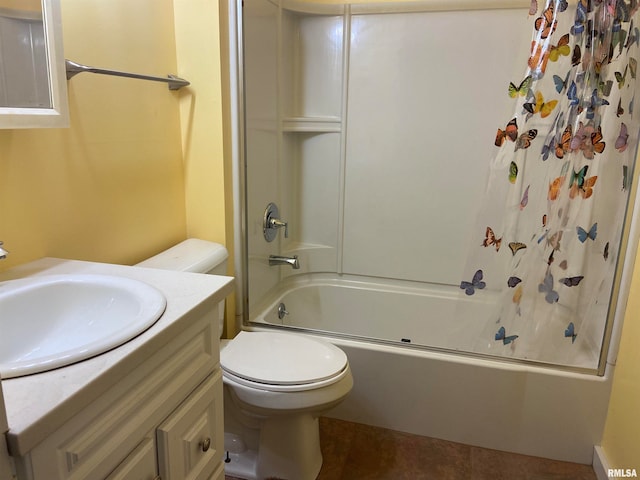 full bathroom with bathtub / shower combination, toilet, vanity, and tile patterned flooring