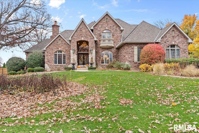 view of front of house with a balcony, a front yard, and french doors