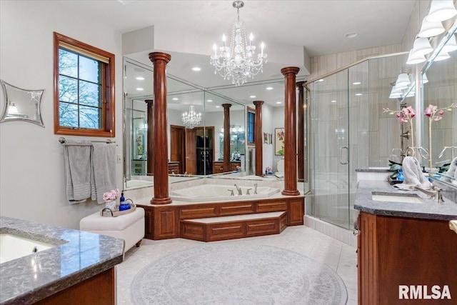 bathroom featuring vanity, an inviting chandelier, tile patterned flooring, separate shower and tub, and ornate columns