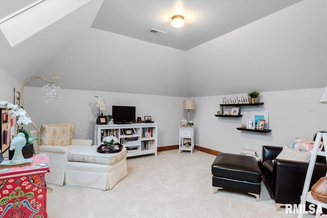 living room featuring lofted ceiling and carpet floors