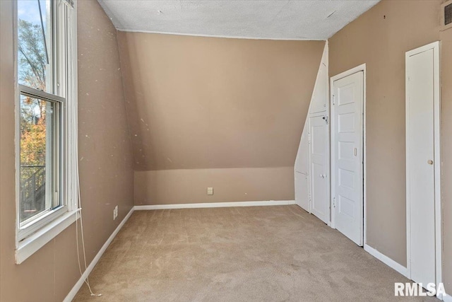 bonus room with a textured ceiling, light carpet, and vaulted ceiling