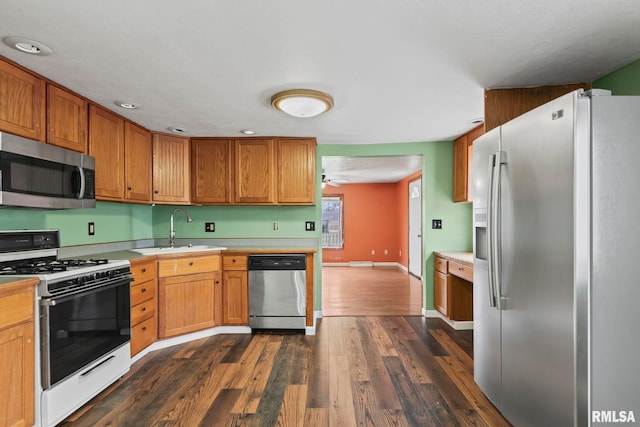 kitchen with appliances with stainless steel finishes, ceiling fan, dark wood-type flooring, and sink