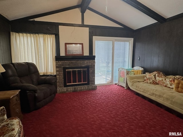 living room with a brick fireplace, carpet floors, wooden walls, and vaulted ceiling with beams