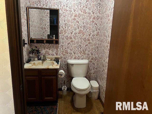 bathroom with vanity, wood-type flooring, and toilet