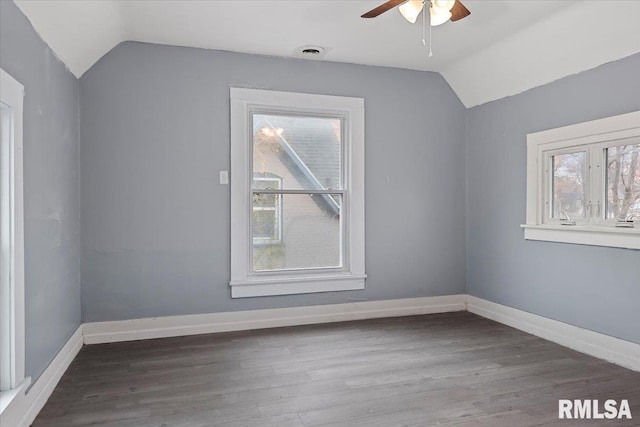 bonus room featuring ceiling fan, lofted ceiling, and hardwood / wood-style flooring