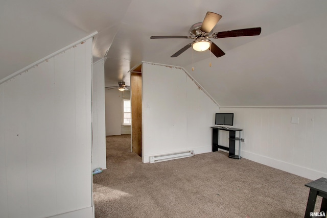 bonus room featuring light carpet, ceiling fan, a baseboard radiator, and vaulted ceiling