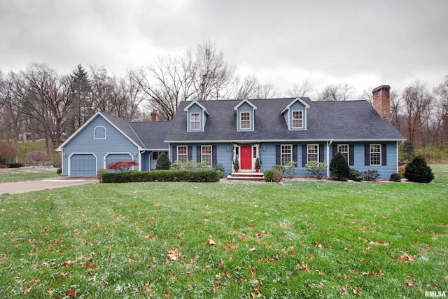 cape cod house with a garage and a front lawn